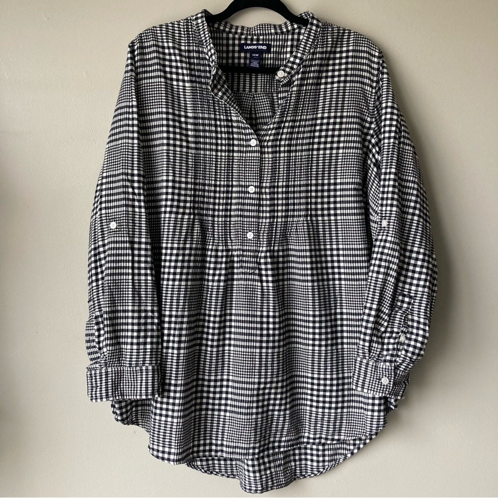 Lands End Womens 18W Gingham Plaid Roll Tab Sleeve Popover Tunic Top Black White